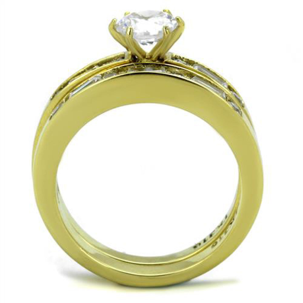 ARTK1897 Stunning 1.75 Ct Round Cut With Baguettes CZ Stainless Steel 14k Gold IP Wedding Ring Set Size 5-10
